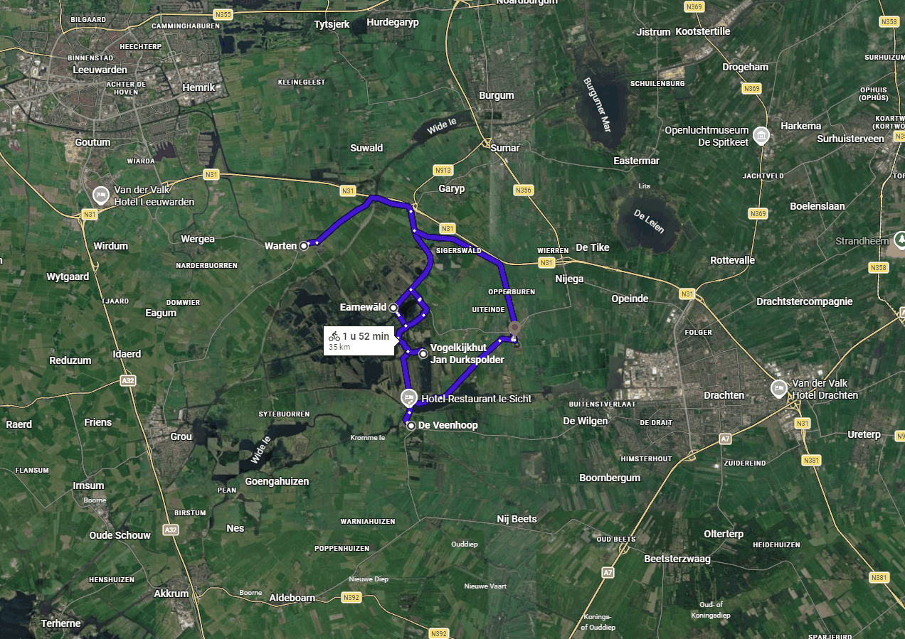 Google Maps-fietsroute van circa 35 kilometer door De Alde Feanen vanaf Oudega (Smallingerland)