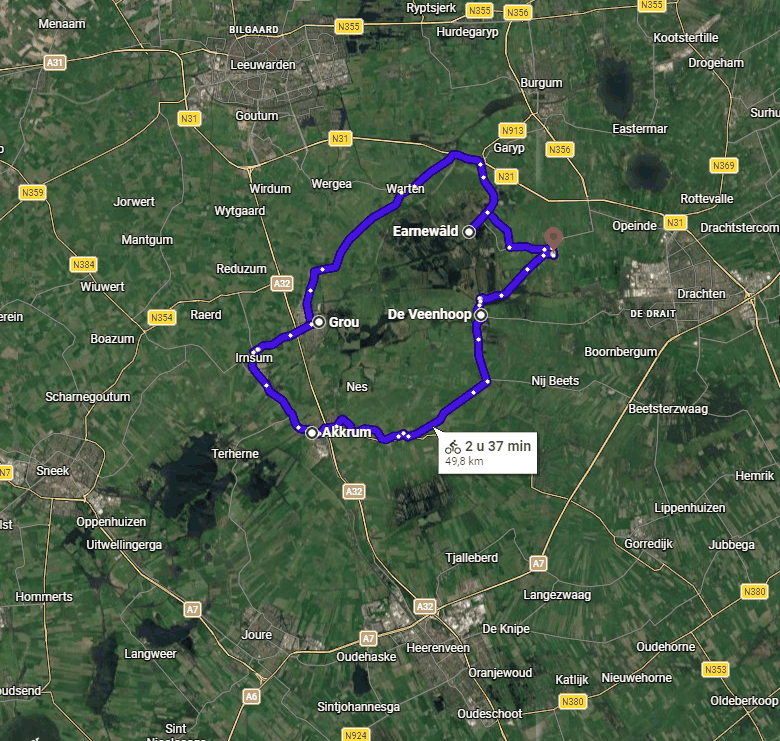 Google Maps-fietsroute van circa 50 kilometer langs de Friese Meren vanaf Oudega (Smallingerland)