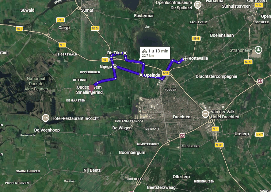 Google Maps-fietsroute langs dorpen rond Oudega (Smallingerland)