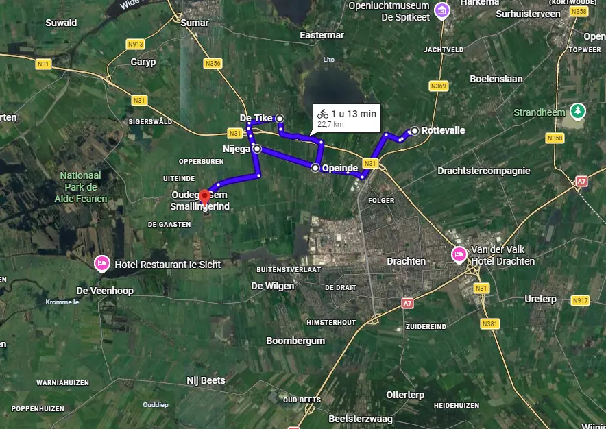 Google Maps-fietsroute langs dorpen rond Oudega (Smallingerland)